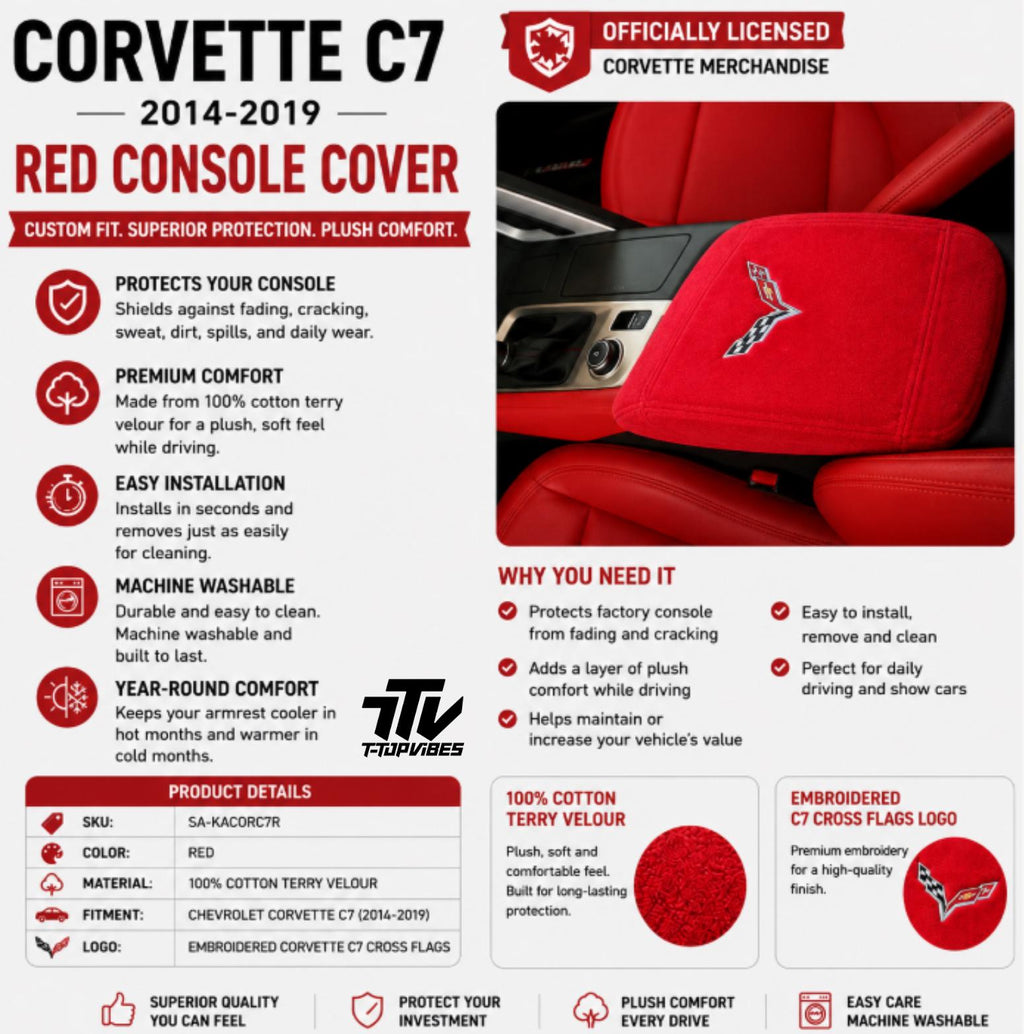 Corvette C7 Red Console Cover | 2014-2019 Armrest Protector, Cotton Terry Velour