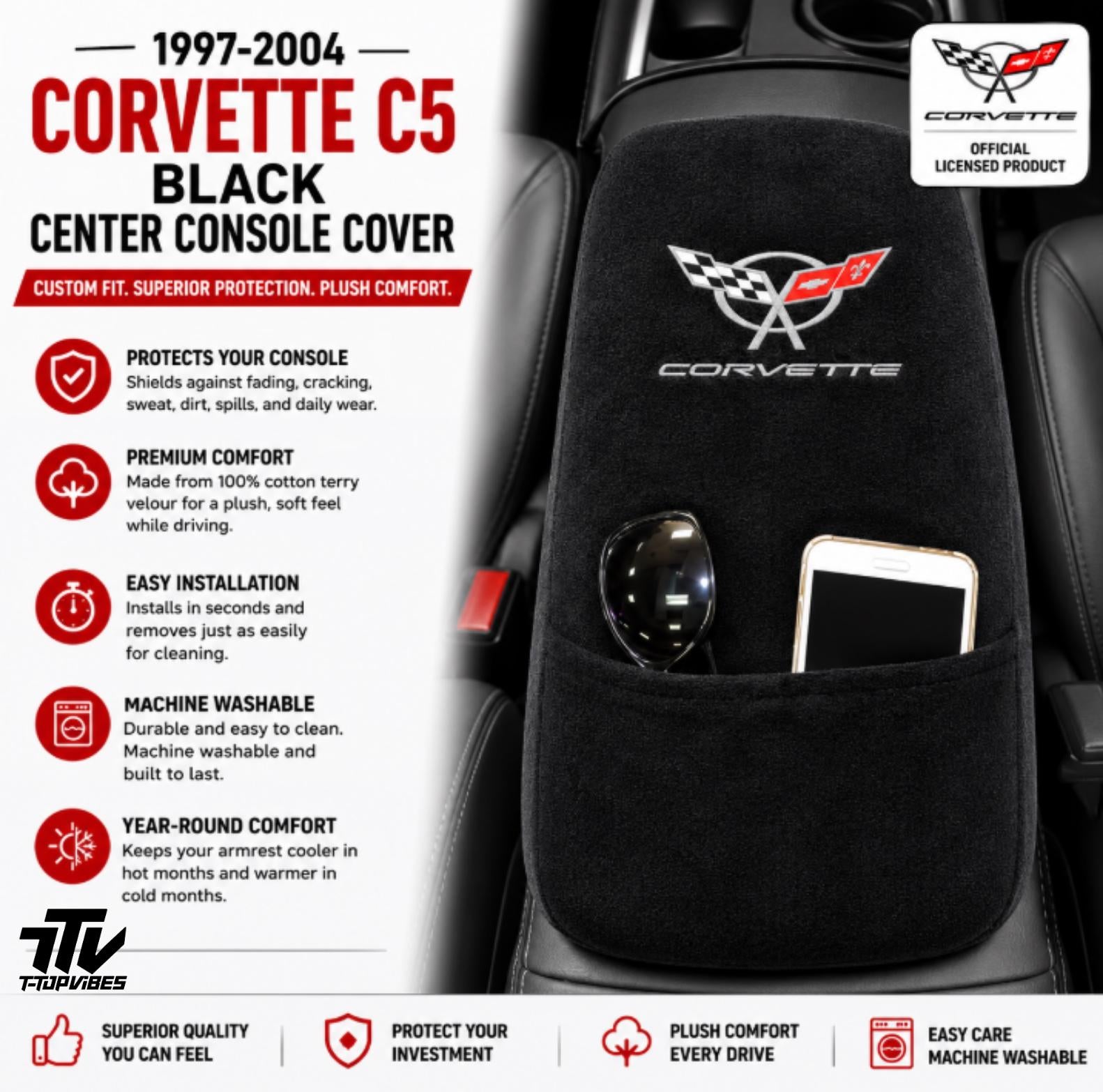 Corvette C5 Console Cover | 1997-2004 Black Armrest Protector | Cotton Terry Velour