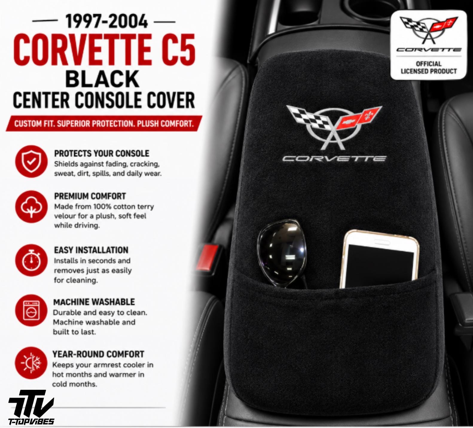 Corvette C5 Console Cover | 1997-2004 Black Armrest Protector | Cotton Terry Velour