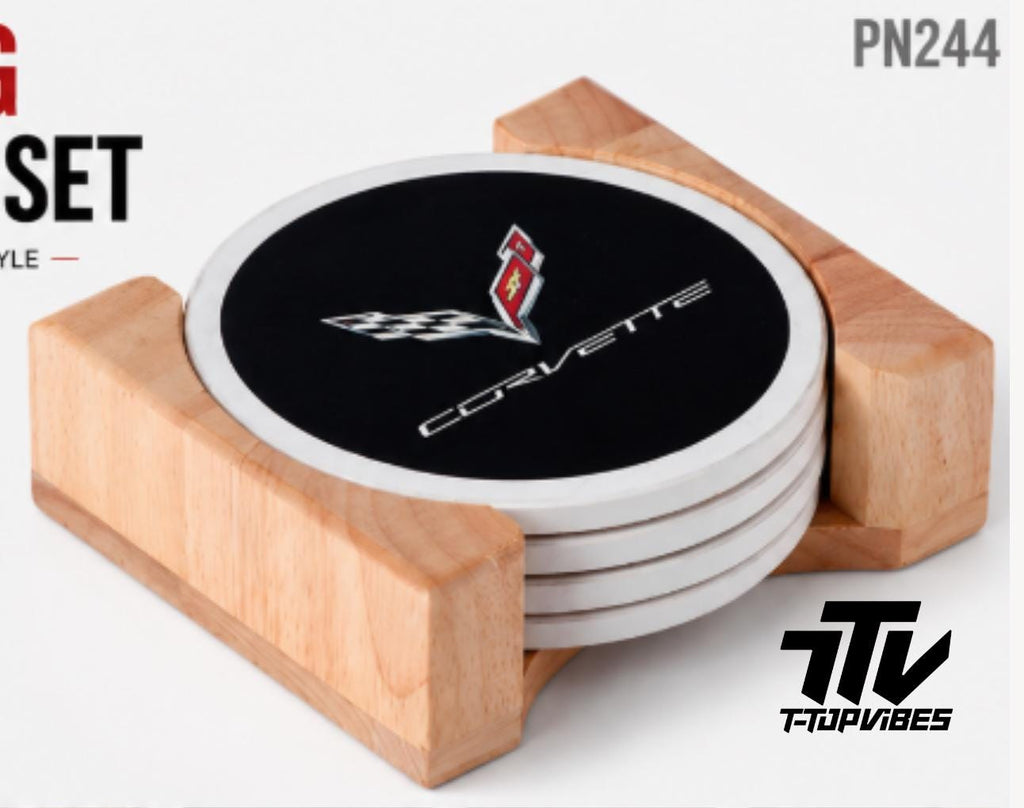 Corvette Flag Stone Coaster Set with Wood Holder (4-Piece)