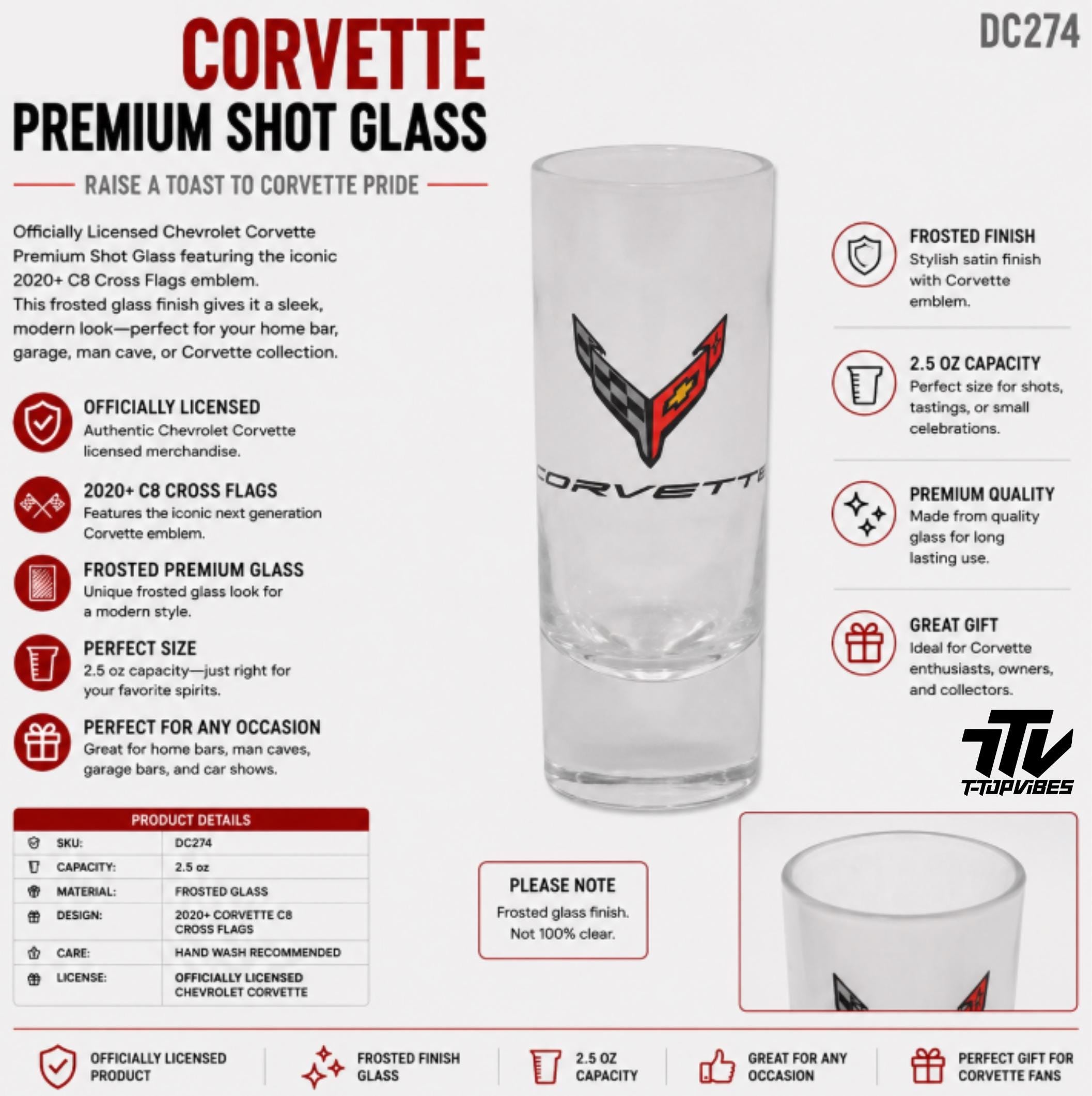 Corvette C8 Cross Flags Shot Glass | Officially Licensed 2.5 oz Barware