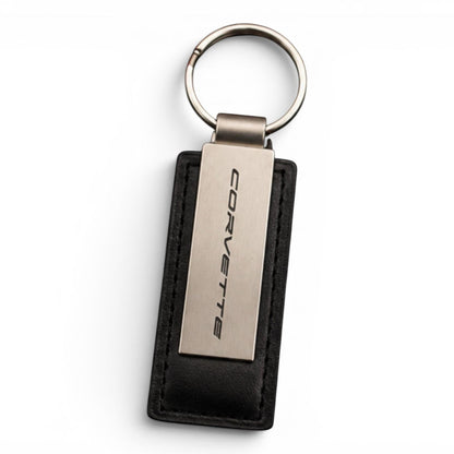 Corvette Metal Leather Keychain | Brushed Metal Key Ring | Car Enthusiast Gift