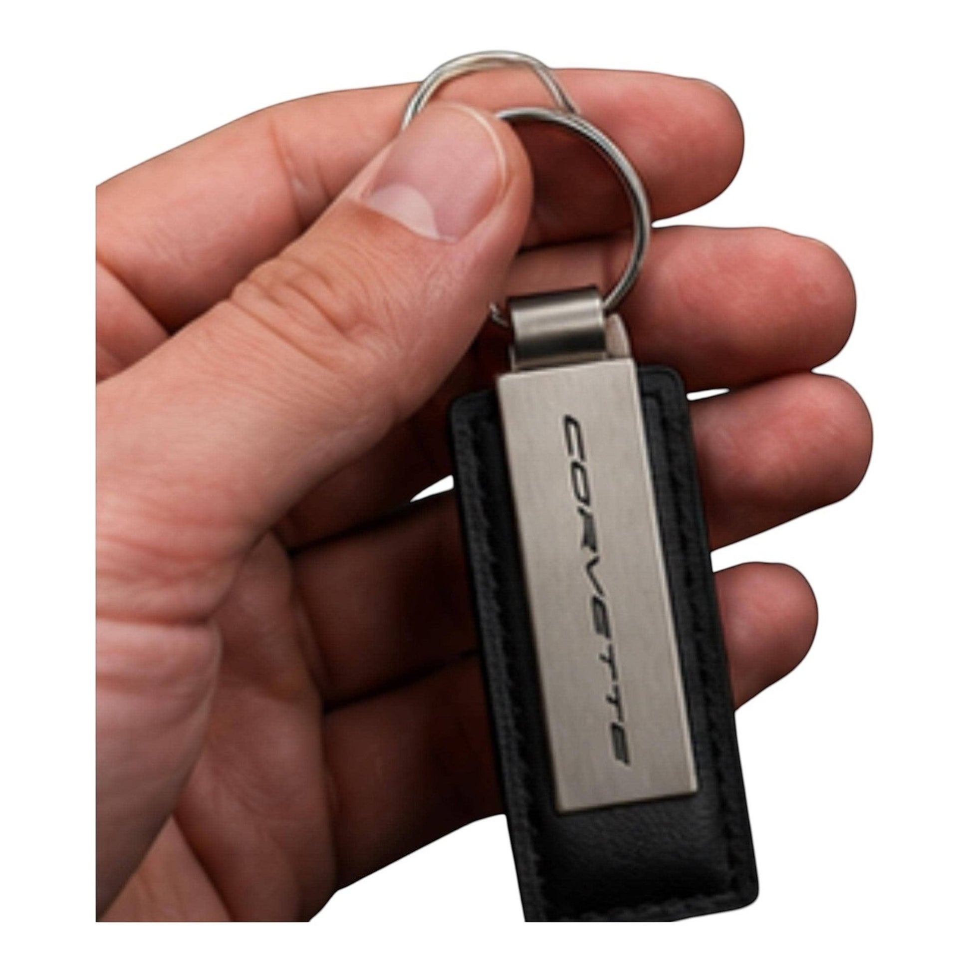 Corvette Metal Leather Keychain | Brushed Metal Key Ring | Car Enthusiast Gift