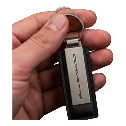 Corvette Metal Leather Keychain | Brushed Metal Key Ring | Car Enthusiast Gift