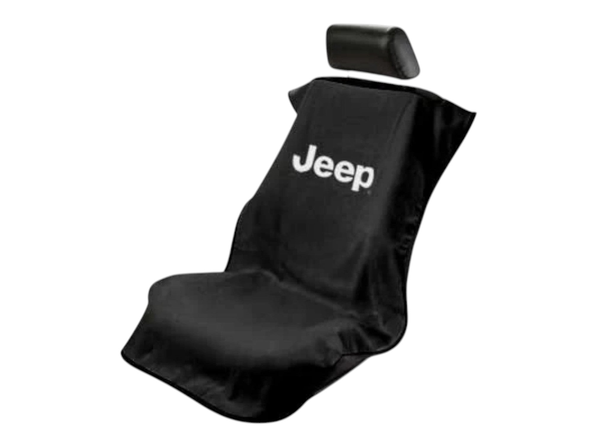 T-Top Vibes black Jeep Seat Armour cotton terry car seat towel cover with white logo, fits over vehicle headrest.