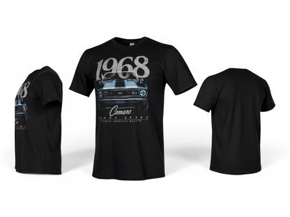 T-Top Vibes black 1968 Chevrolet Camaro graphic t-shirt featuring a vintage muscle car screen print design.