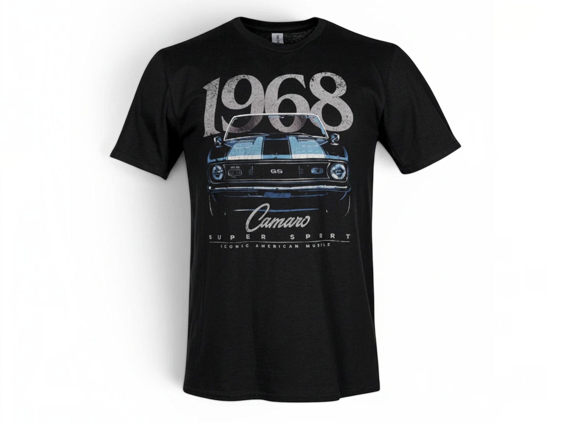 T-Top Vibes 1968 Chevrolet Camaro black t-shirt featuring a stealth-inspired muscle car graphic and screen print.