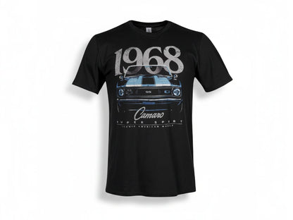 T-Top Vibes black 1968 Chevrolet Camaro muscle car graphic t-shirt with screen-printed front design