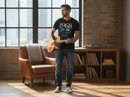 T-Top Vibes 1968 Chevrolet Camaro black t-shirt worn by a man playing an acoustic guitar in a loft setting.