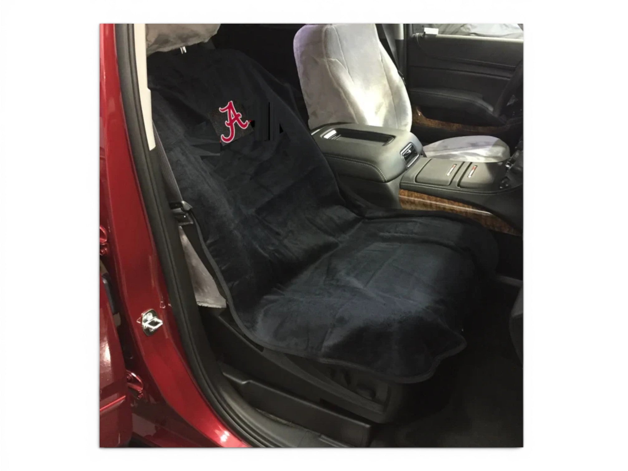 T-Top Vibes Alabama Crimson Tide black cotton terry velour car seat cover towel installed on a vehicle seat