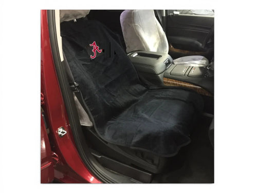 T-Top Vibes Alabama Crimson Tide black cotton terry velour car seat cover towel installed on a vehicle seat