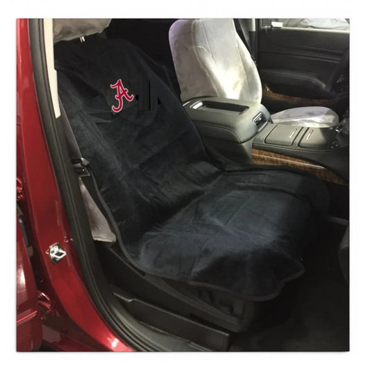T-Top Vibes Alabama Crimson Tide black cotton terry velour car seat cover towel installed on a vehicle seat