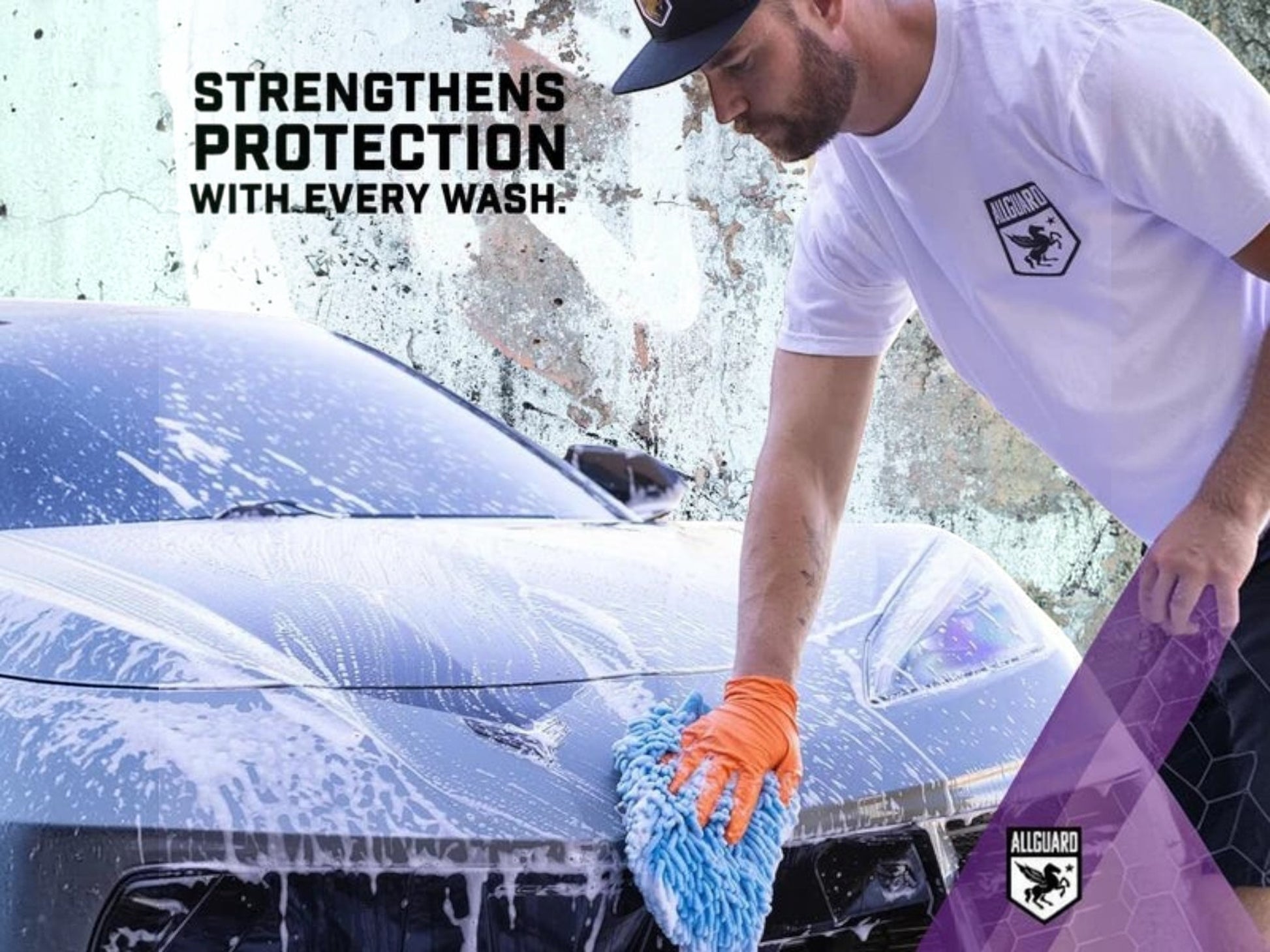 T-Top Vibes AllGuard VLUX ceramic car wash soap being applied to a black vehicle with a blue microfiber mitt