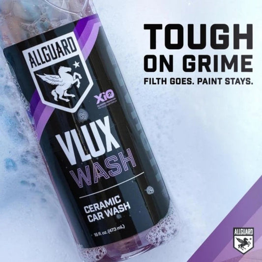 T-Top Vibes AllGuard VLUX ceramic car wash bottle with purple and black label featuring XiO2 technology branding.