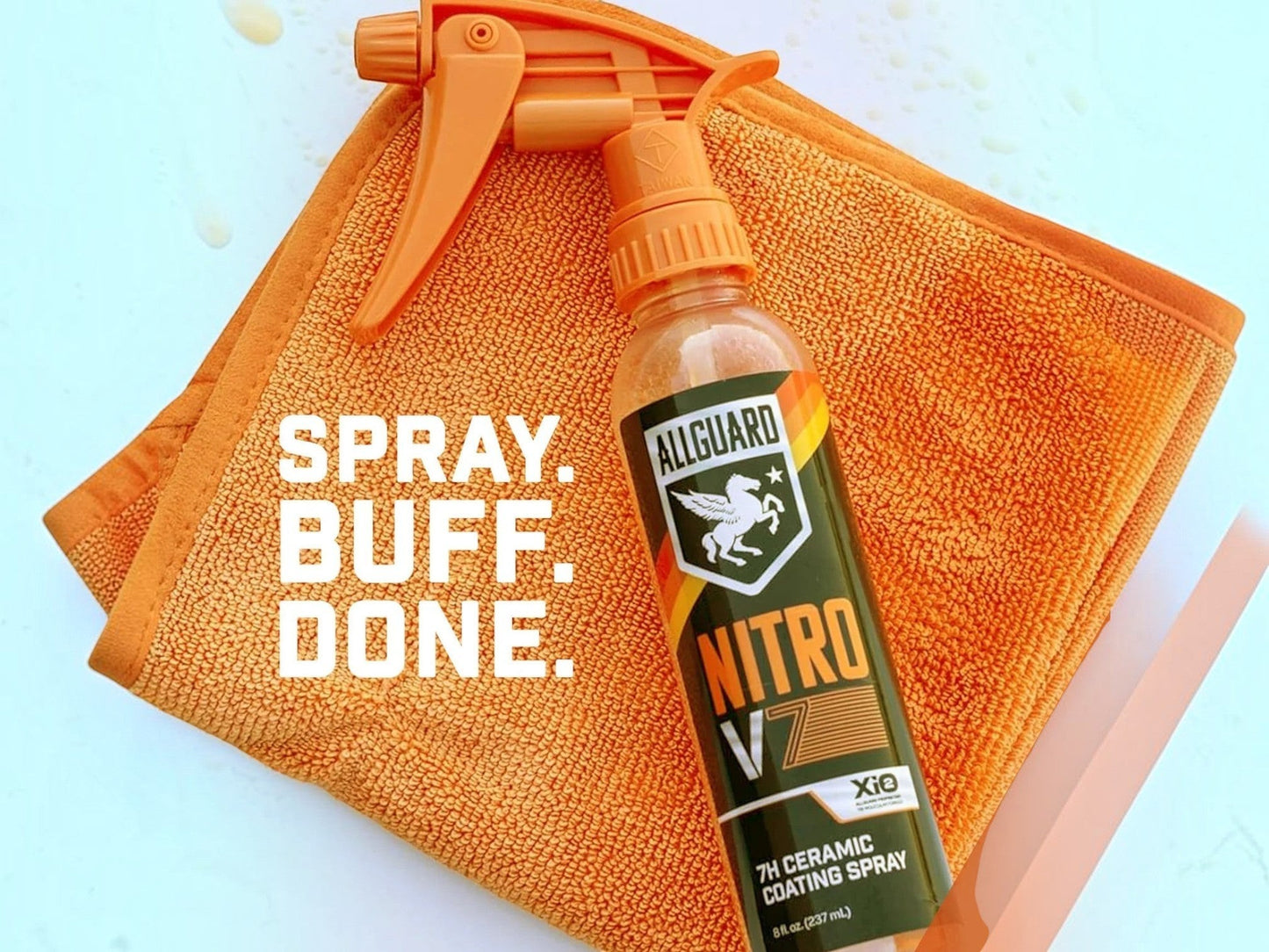 T-Top Vibes AllGuard NITRO V7 ceramic coating spray bottle on an orange microfiber towel with text overlay.