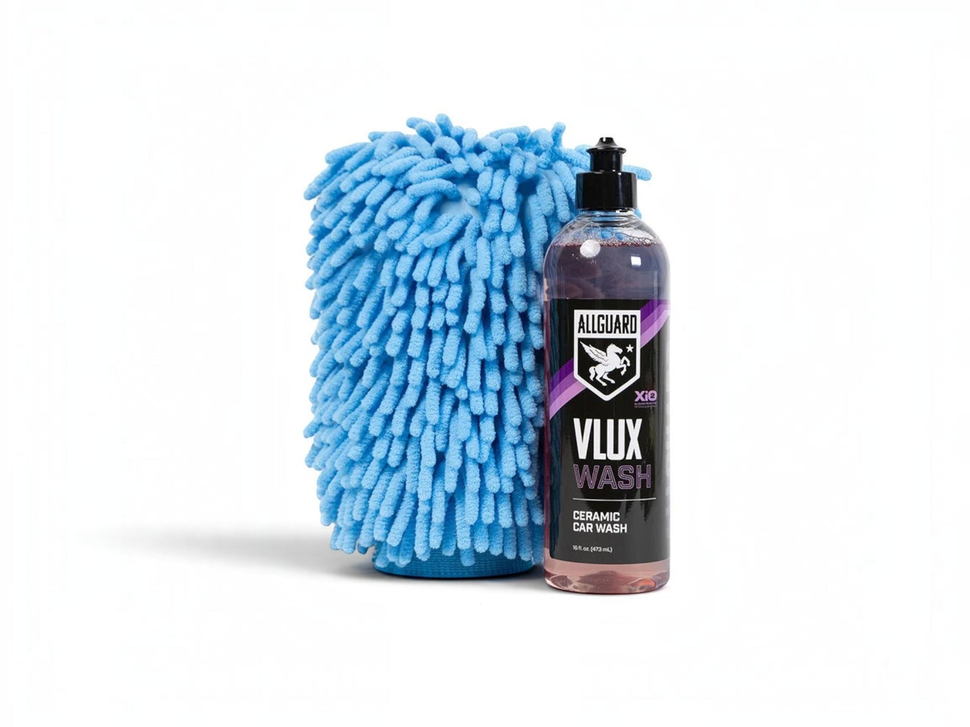T-Top Vibes AllGuard VLUX ceramic car wash soap bottle and blue microfiber wash mitt for professional vehicle cleaning