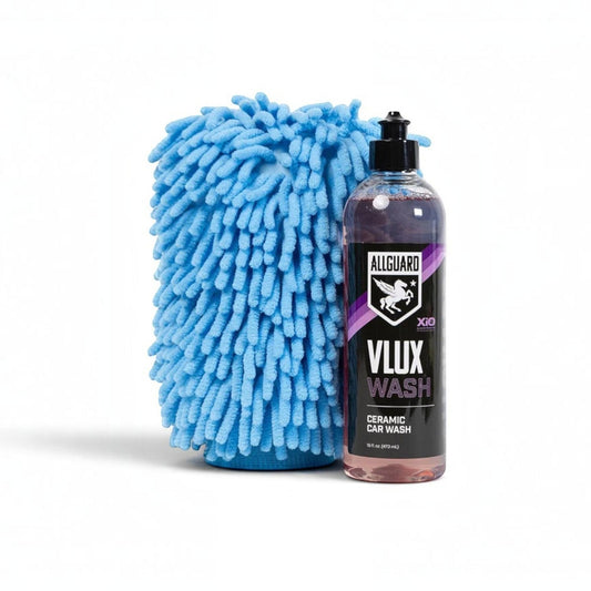 T-Top Vibes AllGuard VLUX ceramic car wash soap bottle and blue microfiber wash mitt for professional vehicle cleaning
