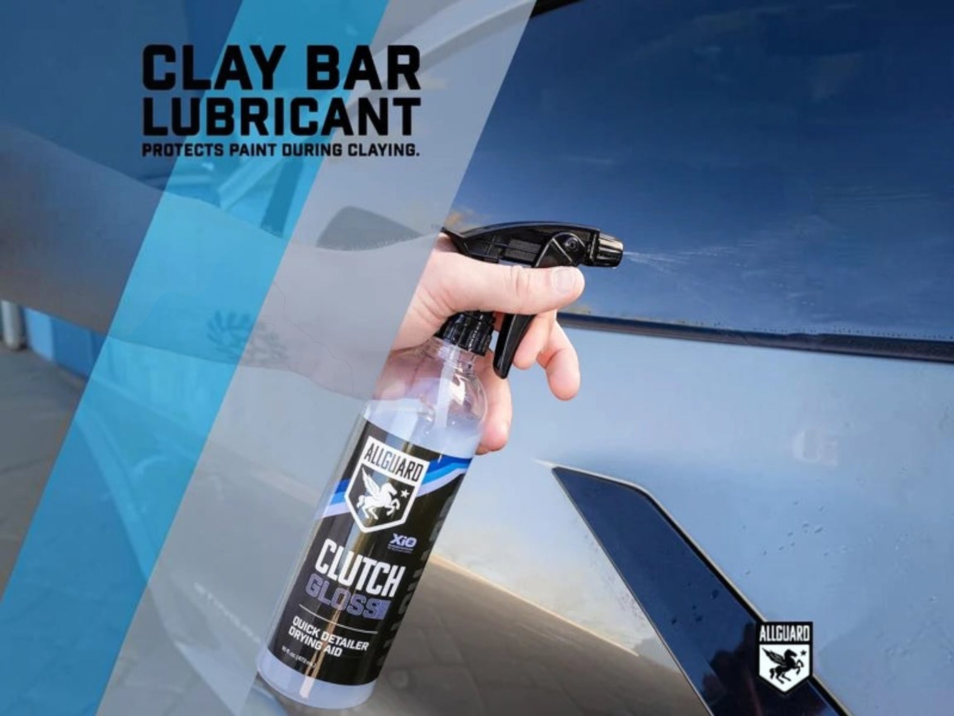 T-Top Vibes AllGuard Clutch Gloss 3-in-1 spray bottle being used as a clay bar lubricant on a car exterior.