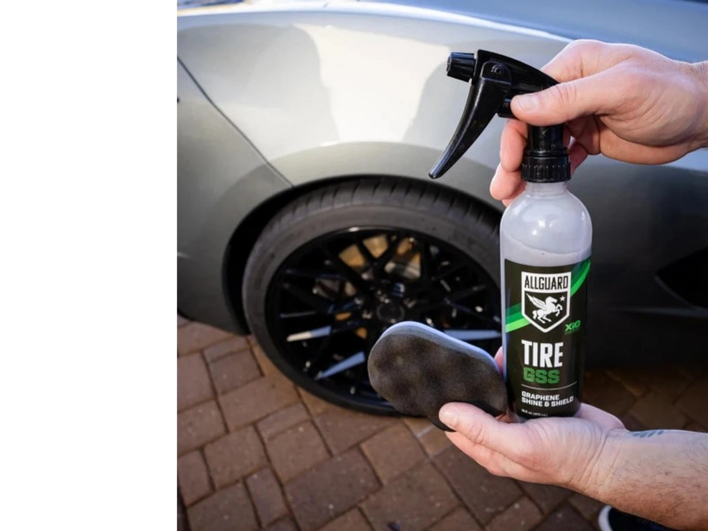 T-Top Vibes AllGuard Tire GSS graphene tire dressing bottle and applicator pad held in front of a car tire