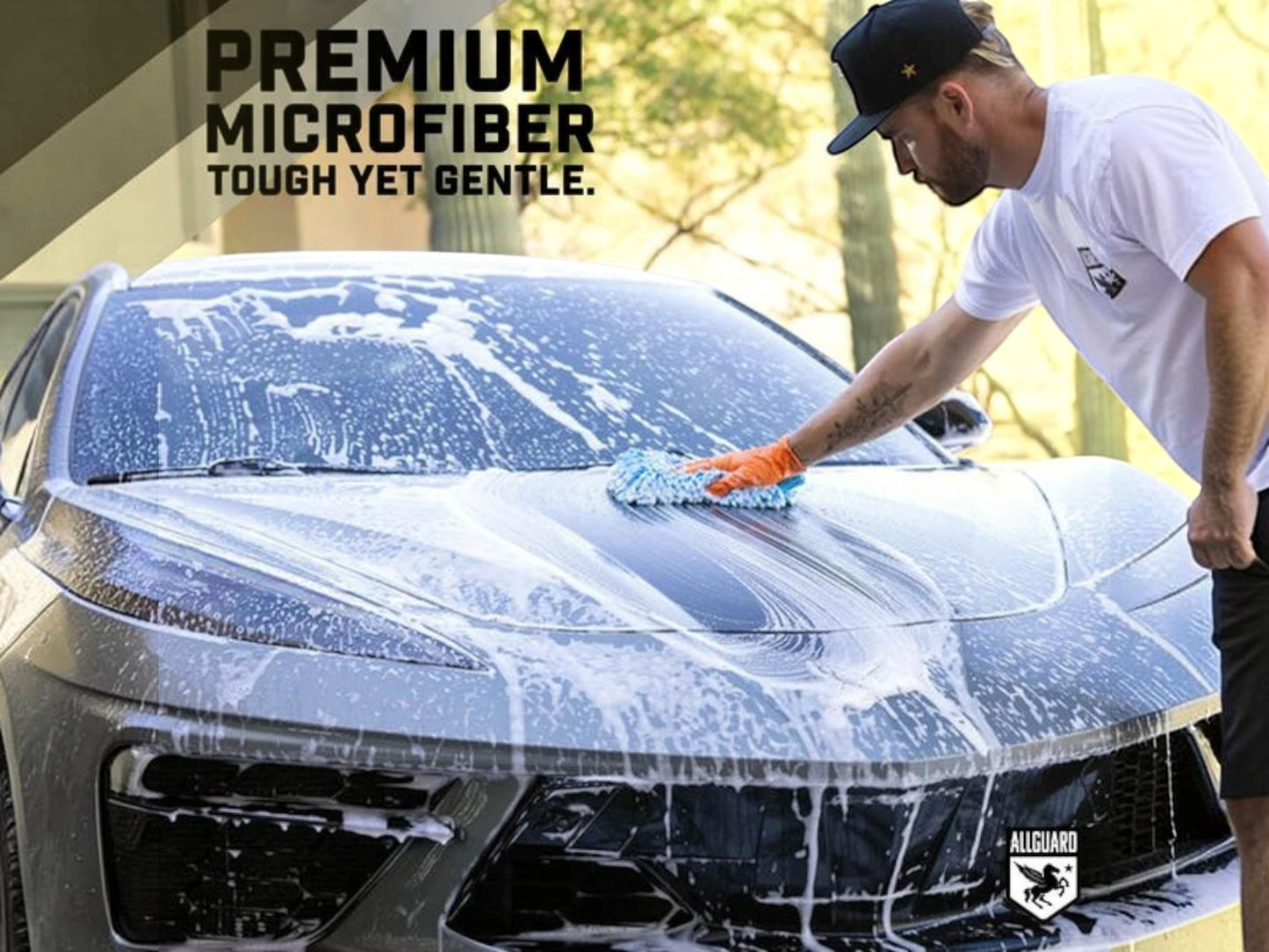 T-Top Vibes AllGuard VLUX premium blue chenille microfiber car wash mitt cleaning a soapy grey sports car hood