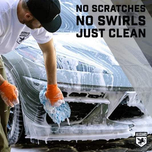 T-Top Vibes AllGuard VLUX blue chenille microfiber wash mitt cleaning a soapy car bumper with orange gloves