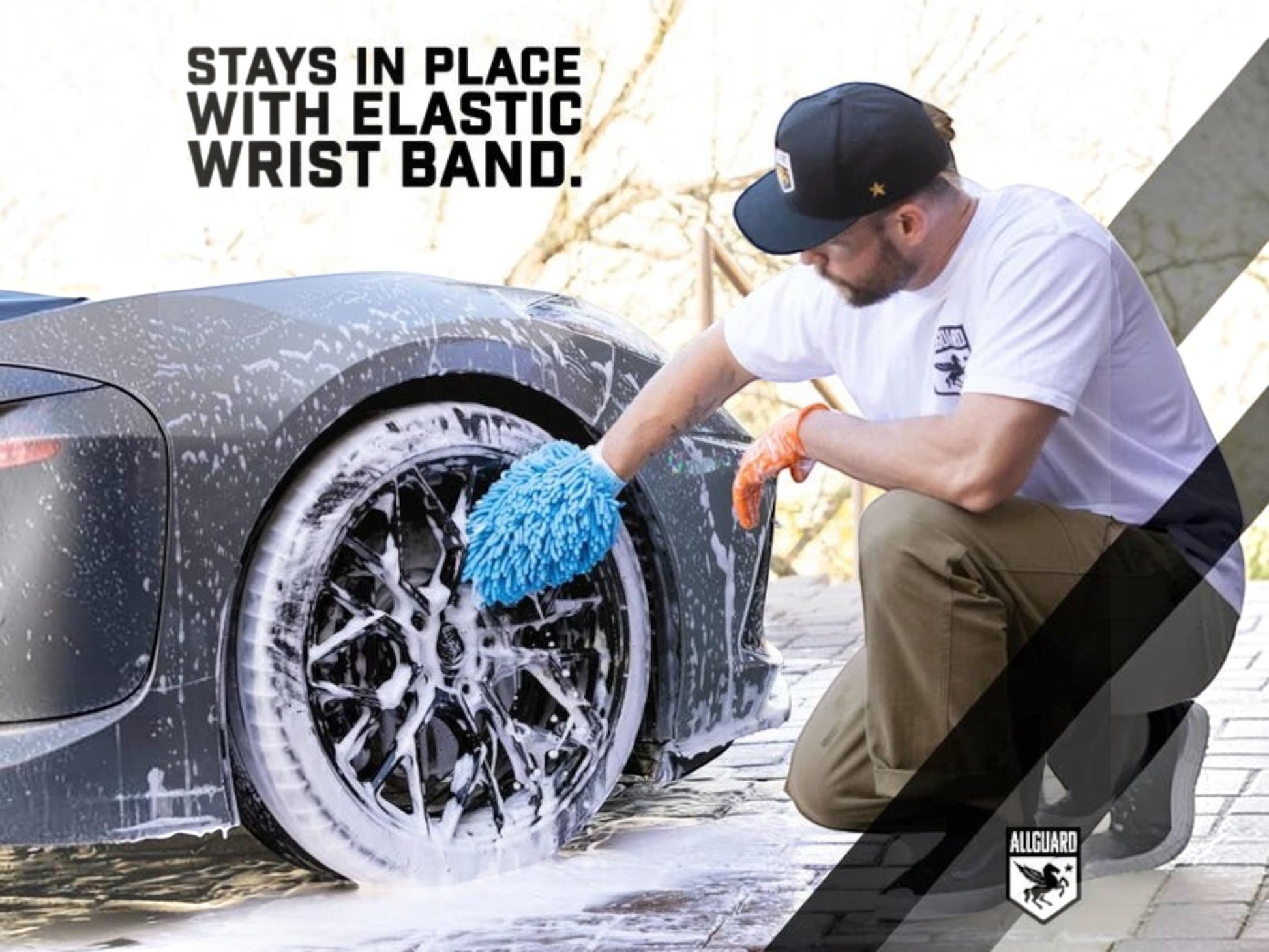 T-Top Vibes AllGuard VLUX blue chenille microfiber car wash mitt cleaning a soapy vehicle wheel