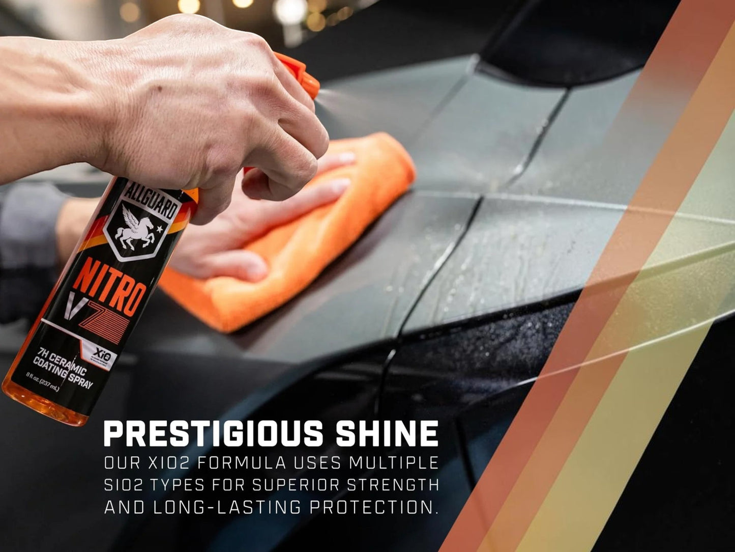 T-Top Vibes AllGuard NITRO V7 ceramic spray coating being applied to a car hood with an orange microfiber cloth