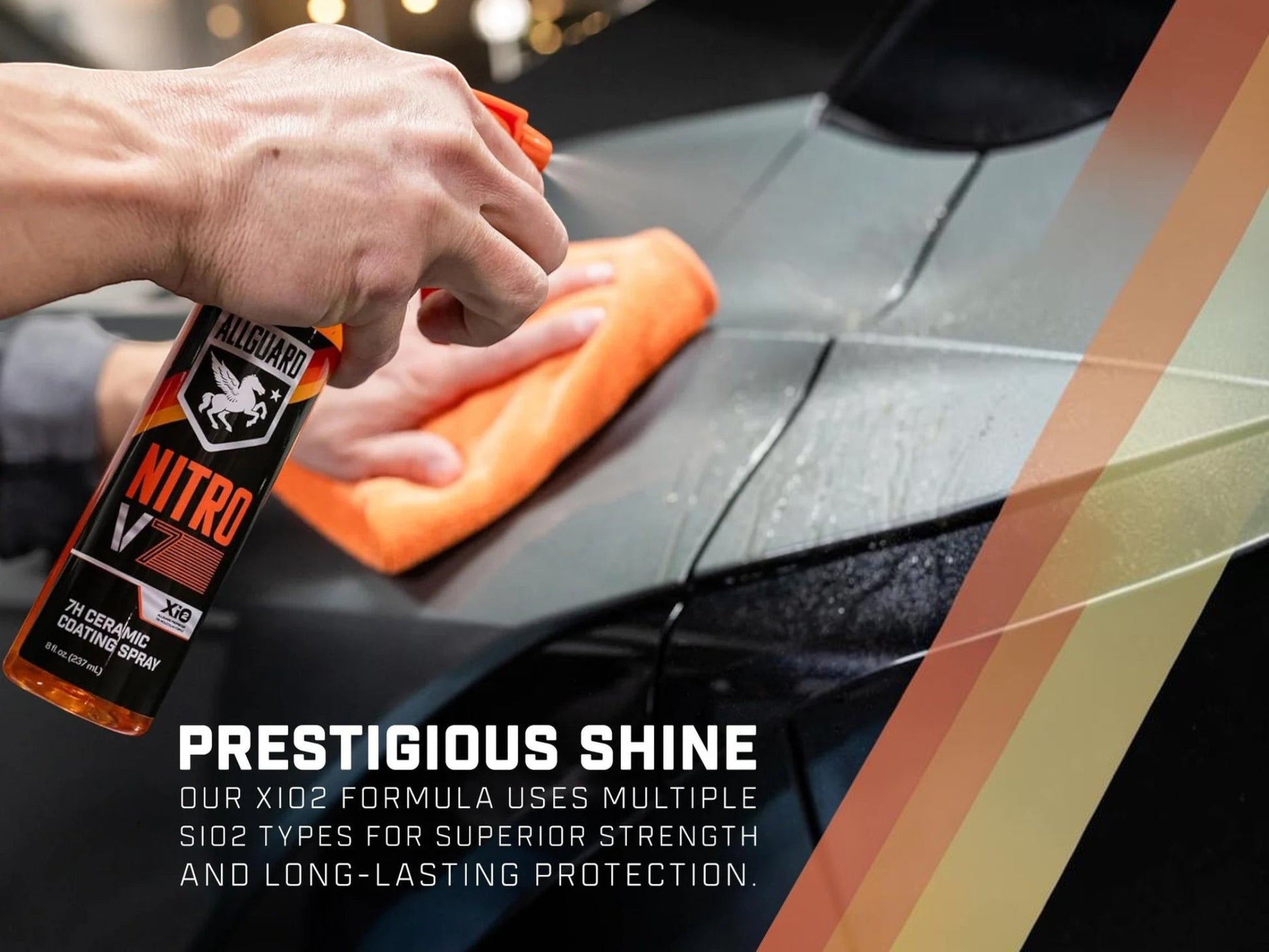 T-Top Vibes AllGuard NITRO V7 ceramic spray coating being applied to a car hood with an orange microfiber cloth