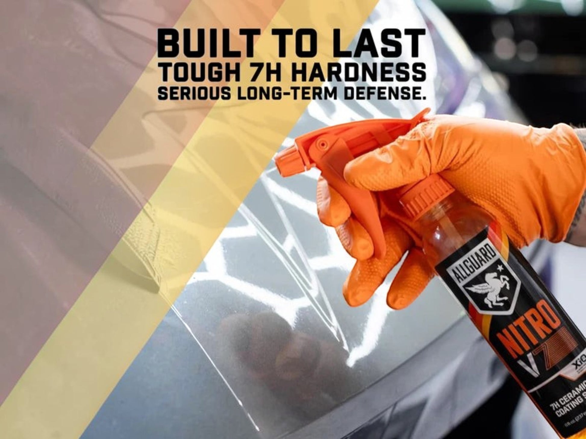 T-Top Vibes AllGuard NITRO V7 7H ceramic spray coating being applied to a car hood with an orange gloved hand