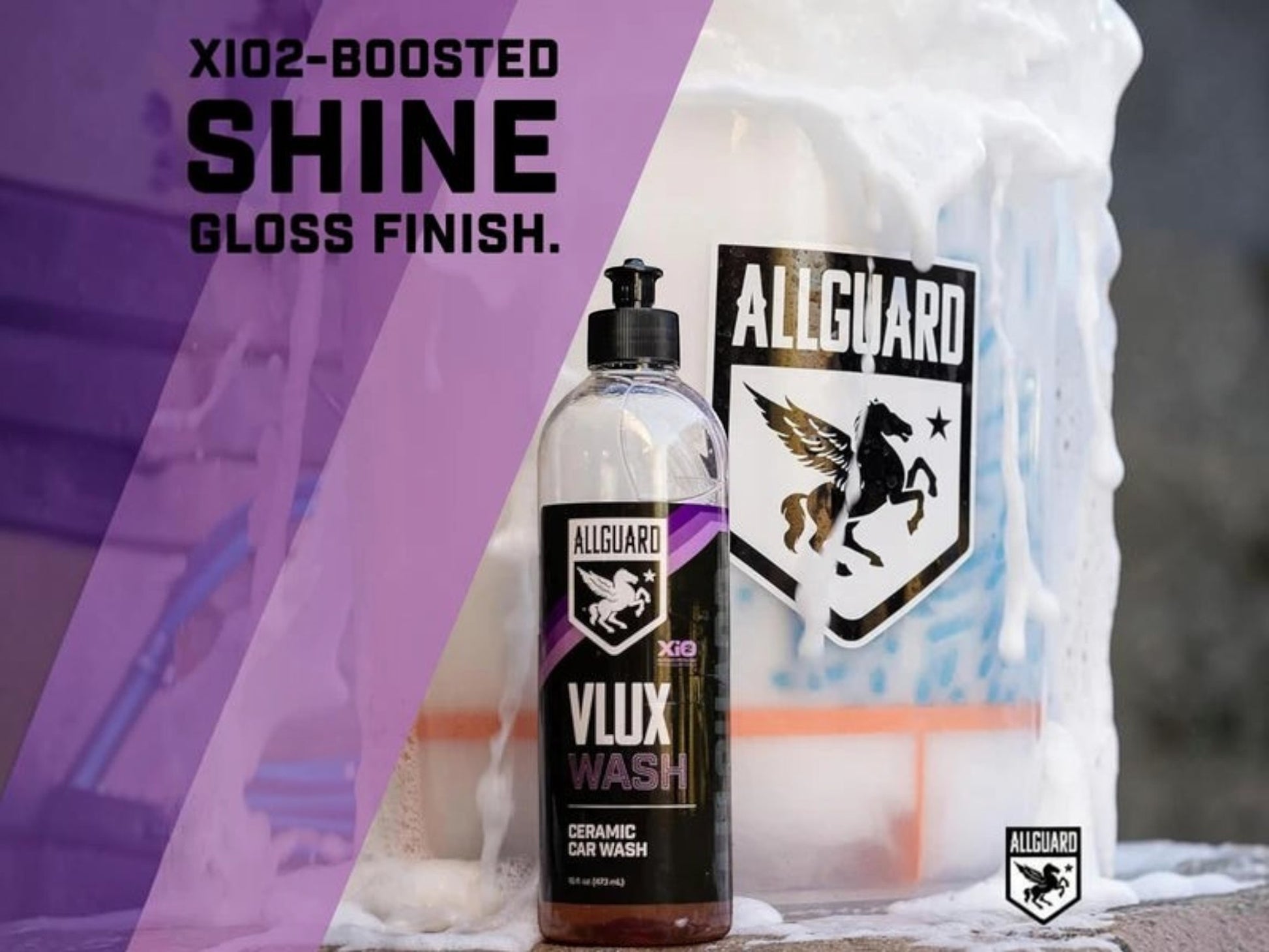 T-Top Vibes AllGuard VLUX ceramic maintenance car wash bottle next to a bucket with thick soap suds and logo sticker.