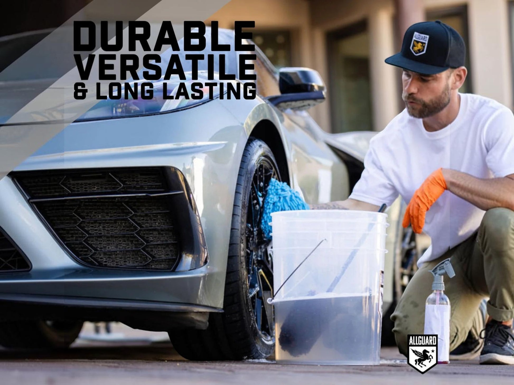 T-Top Vibes AllGuard VLUX blue microfiber car wash mitt cleaning a car wheel with a man in a white t-shirt