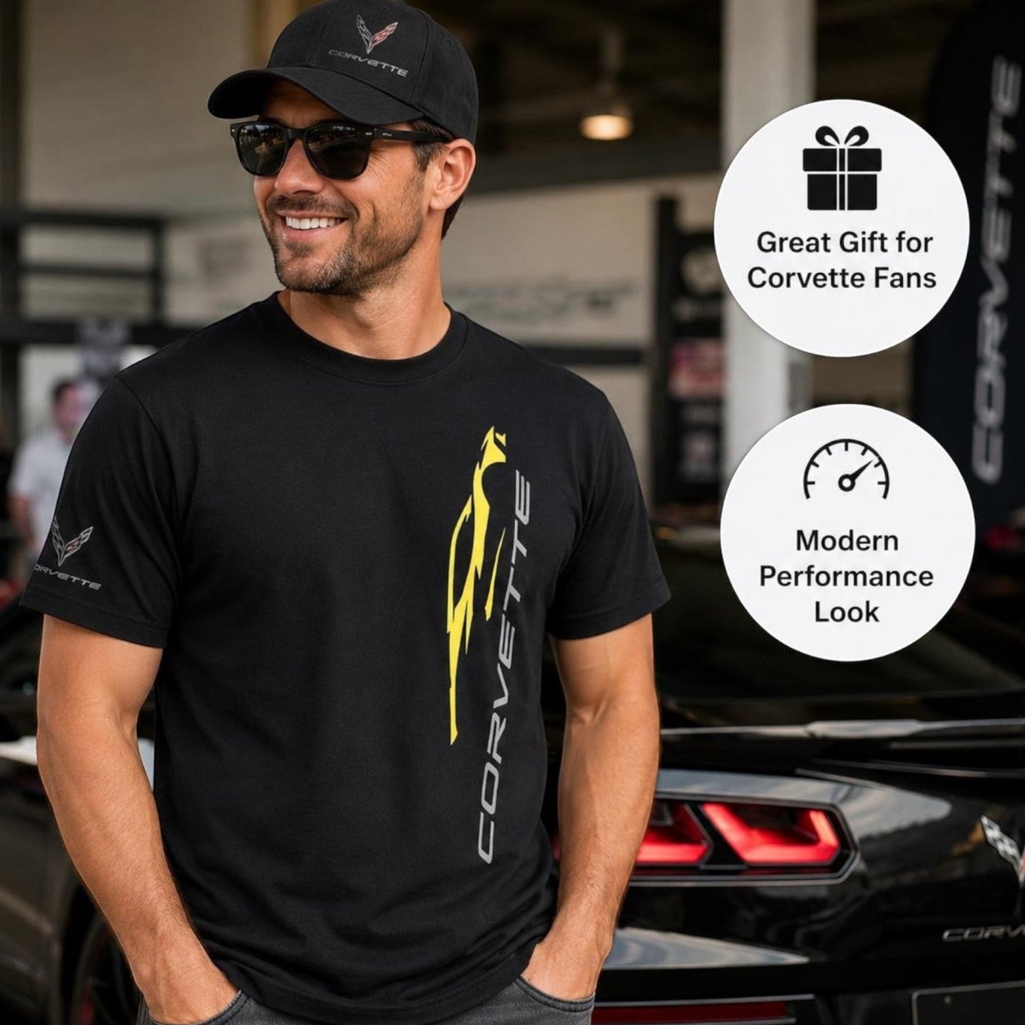 T-Top Vibes black cotton C8 Corvette t-shirt with yellow vertical graphic and sleeve logo worn by a man at a car show