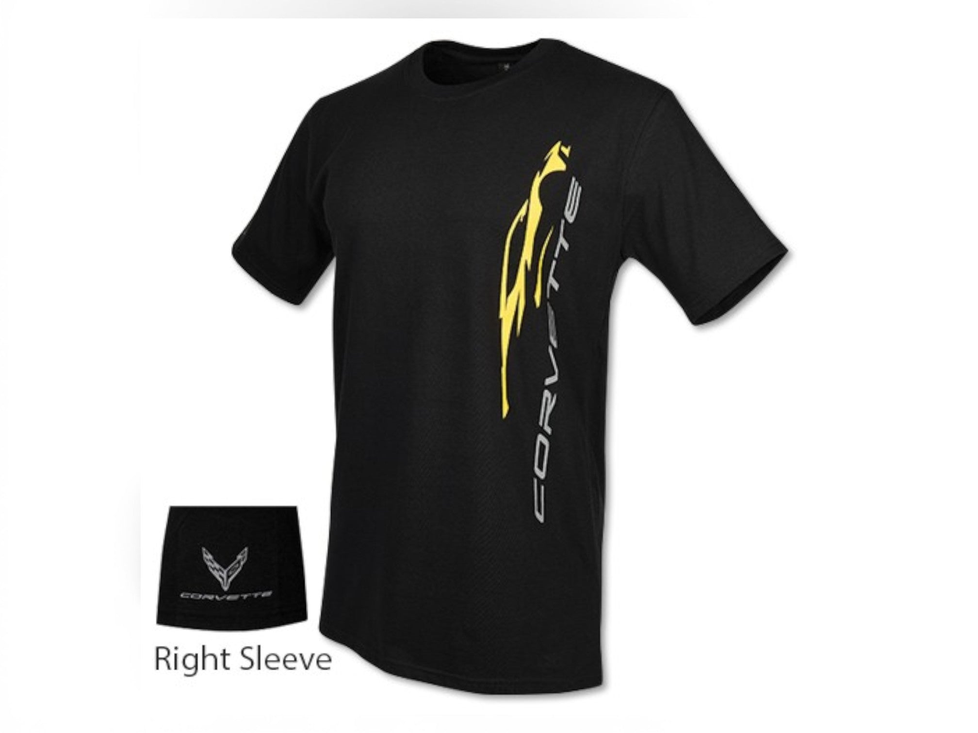 T-Top Vibes black 100% cotton C8 Corvette graphic tee with yellow side design and logo on the right sleeve.