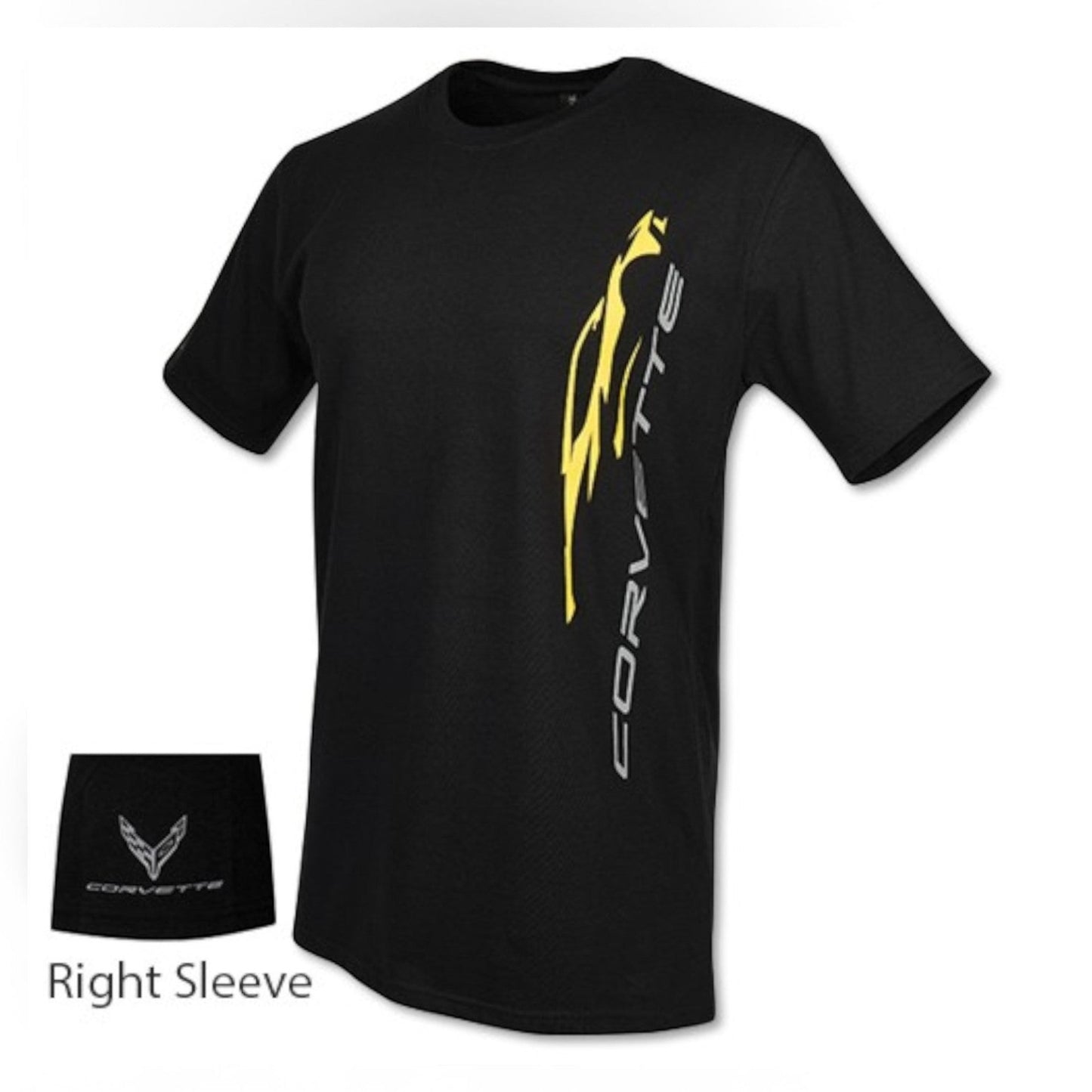 T-Top Vibes black 100% cotton C8 Corvette graphic tee with yellow side design and logo on the right sleeve.