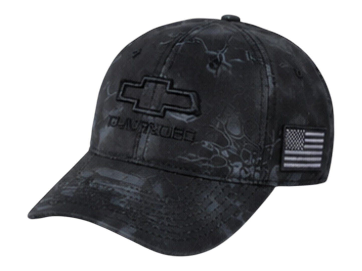 T-Top Vibes black camo Chevrolet tactical cap with embroidered bowtie logo and tonal American flag side patch.