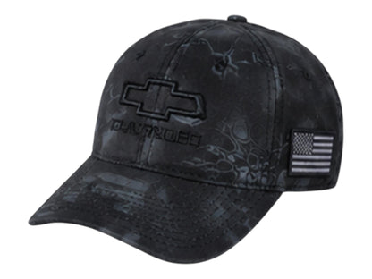 T-Top Vibes black camo Chevrolet tactical cap with embroidered bowtie logo and tonal American flag side patch.