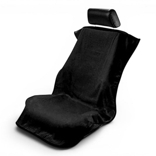 T-Top Vibes universal black cotton terry velour car seat towel draped over a vehicle seat for protection.