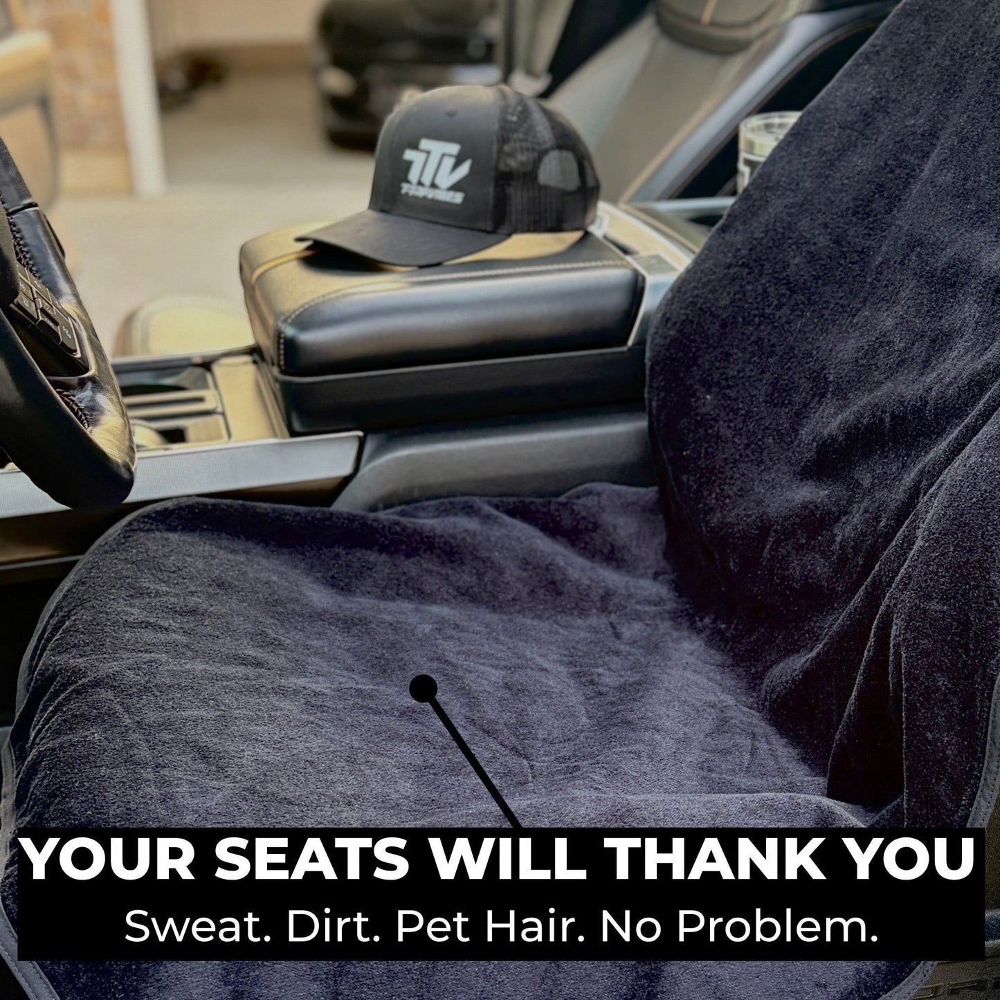 T-Top Vibes black cotton terry car seat cover towel protecting a vehicle seat from sweat and dirt