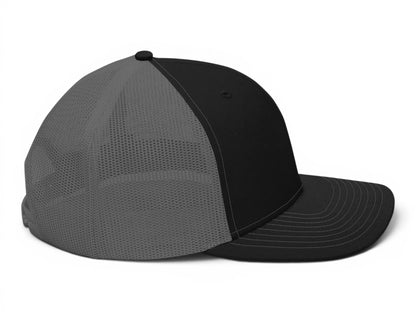 T-Top Vibes Richardson 112 trucker hat in black and charcoal gray with a structured six-panel mesh back design.