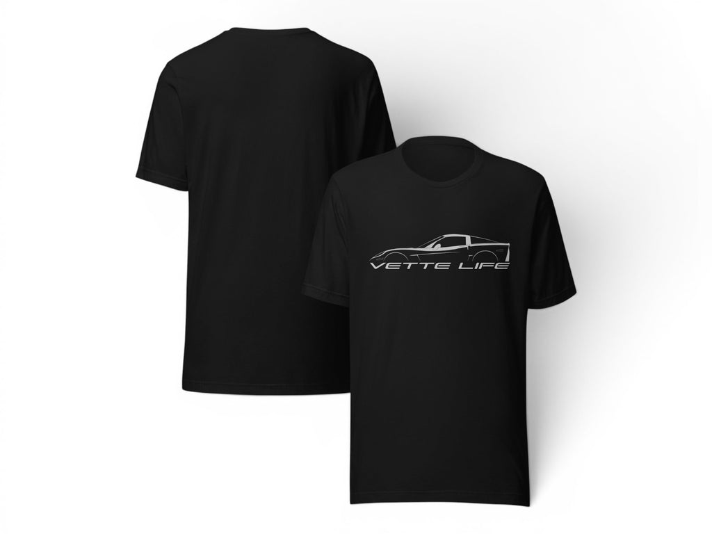 T-Top Vibes black cotton t-shirt featuring a white Corvette C6 silhouette graphic and Vette Life text on the front.