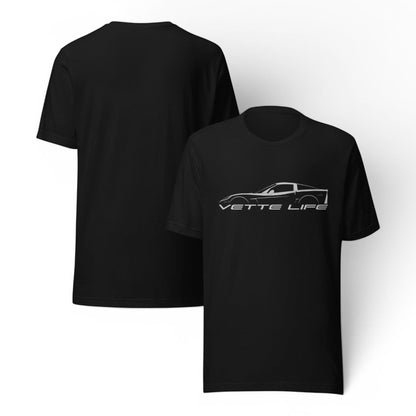 T-Top Vibes black cotton t-shirt featuring a white Corvette C6 silhouette graphic and Vette Life text on the front.
