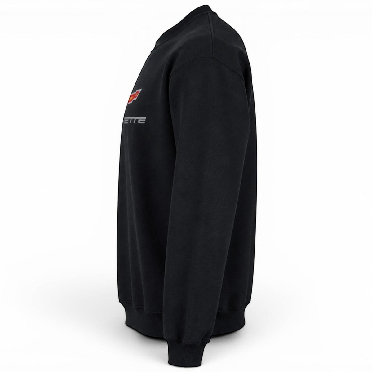 T-Top Vibes black crewneck sweatshirt featuring a side view of the embroidered C6 Corvette emblem on the chest.