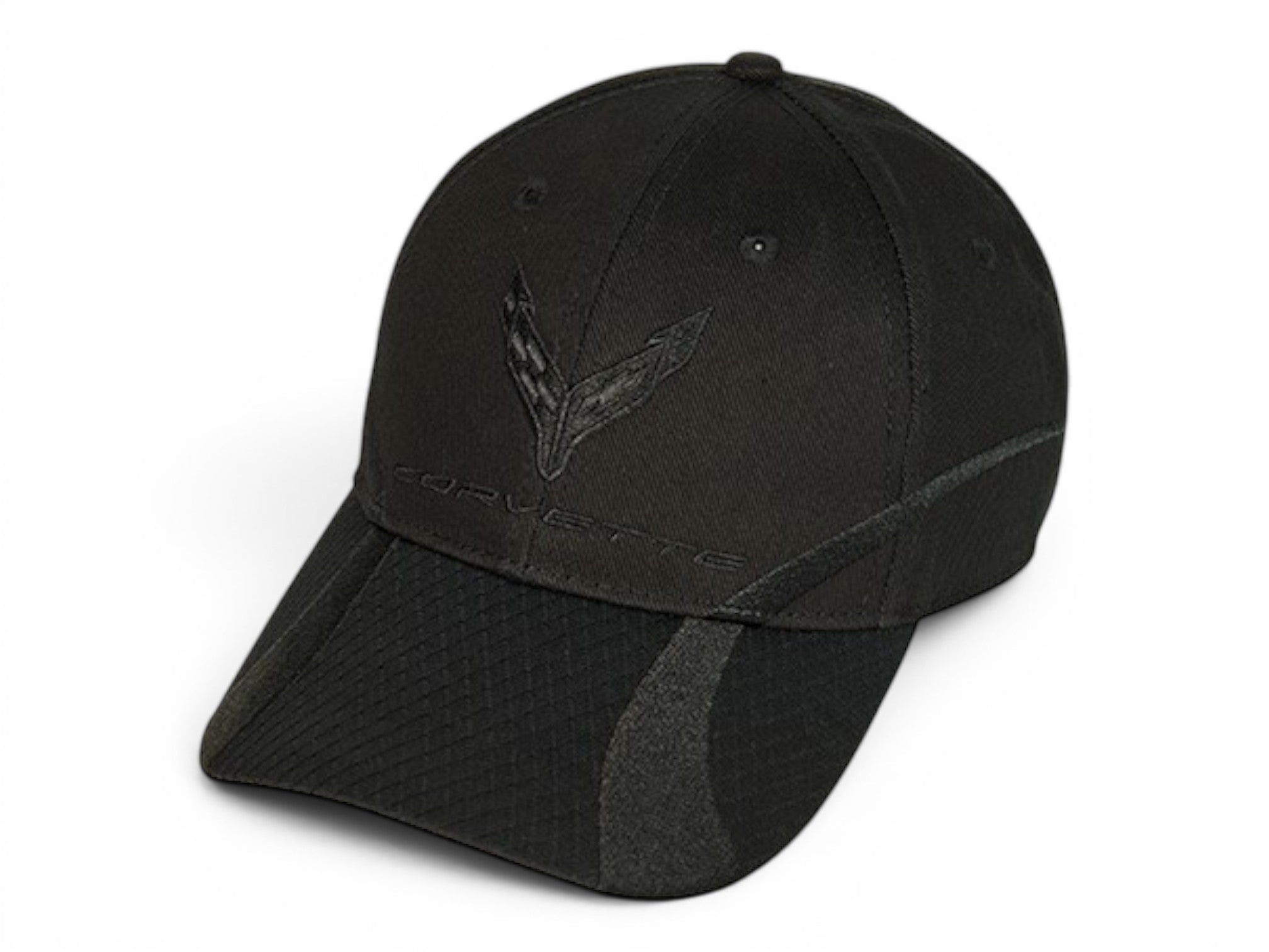 T-Top Vibes black cotton twill C8 Corvette baseball cap with tonal ghost pattern and embroidered crossed-flags logo.
