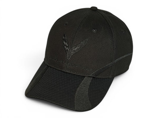 T-Top Vibes black cotton twill C8 Corvette baseball cap with tonal ghost pattern and embroidered crossed-flags logo.