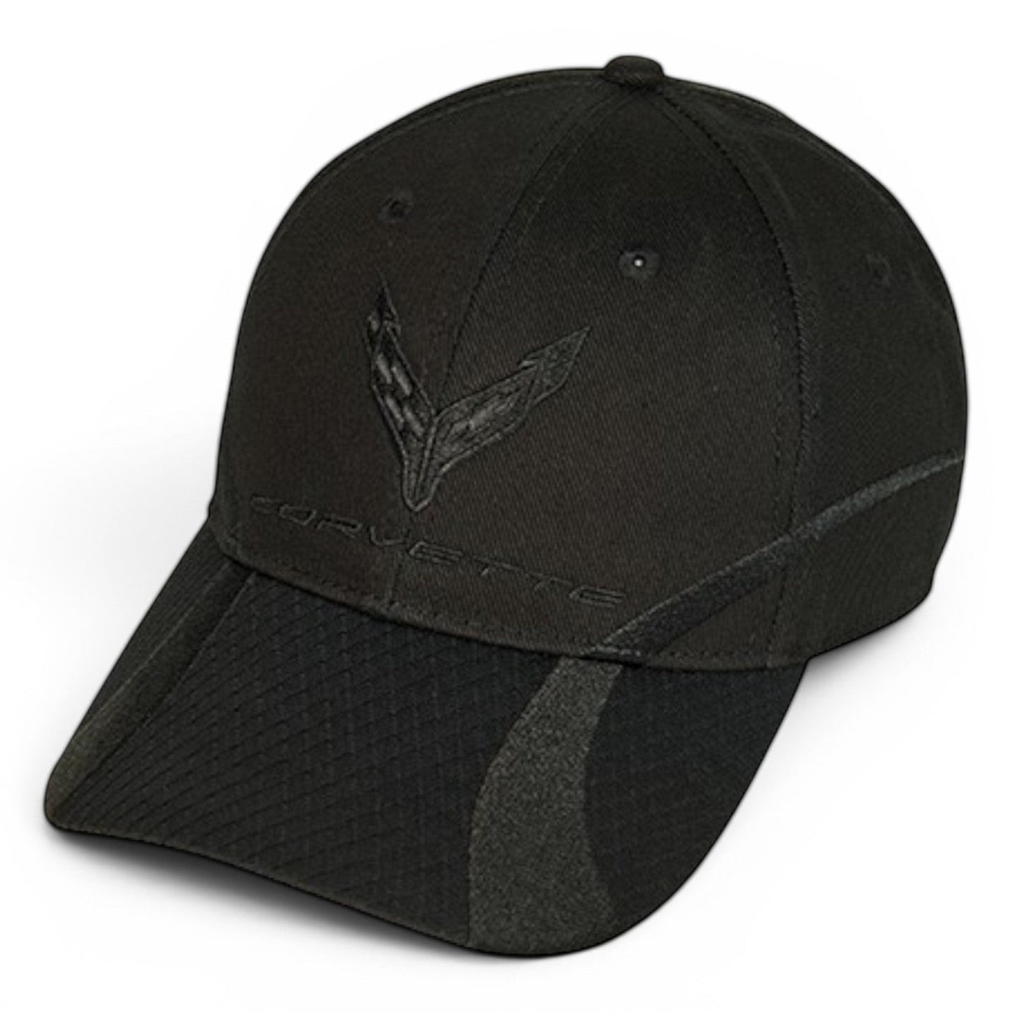 T-Top Vibes black cotton twill C8 Corvette baseball cap with tonal ghost pattern and embroidered crossed-flags logo.