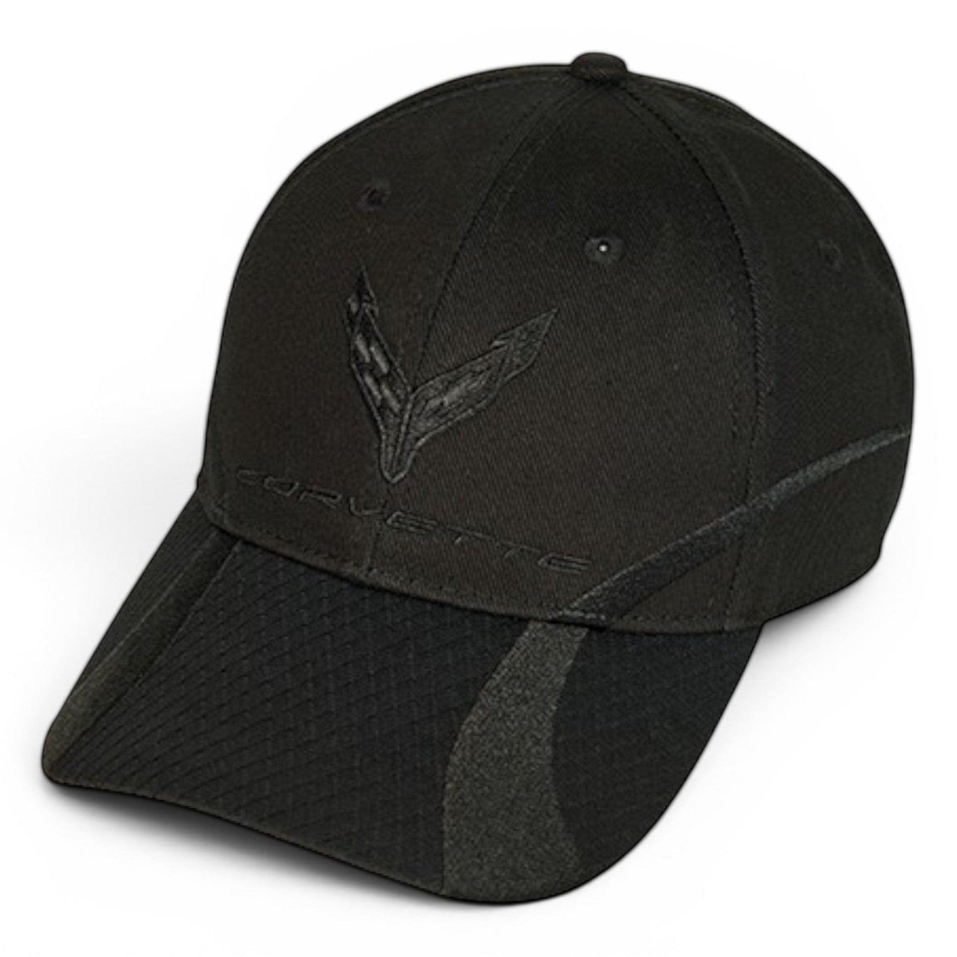 T-Top Vibes black cotton twill C8 Corvette baseball cap with tonal ghost pattern and embroidered crossed-flags logo.