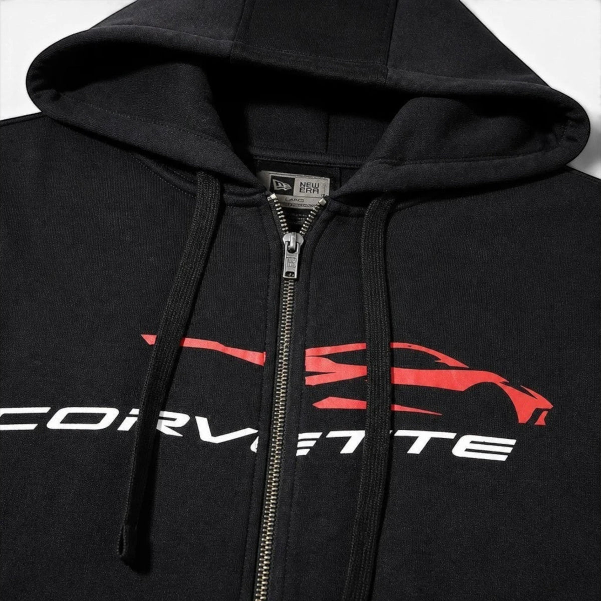T-Top Vibes black New Era full-zip hoodie featuring a red C8 Corvette gesture logo and antique nickel metal zipper