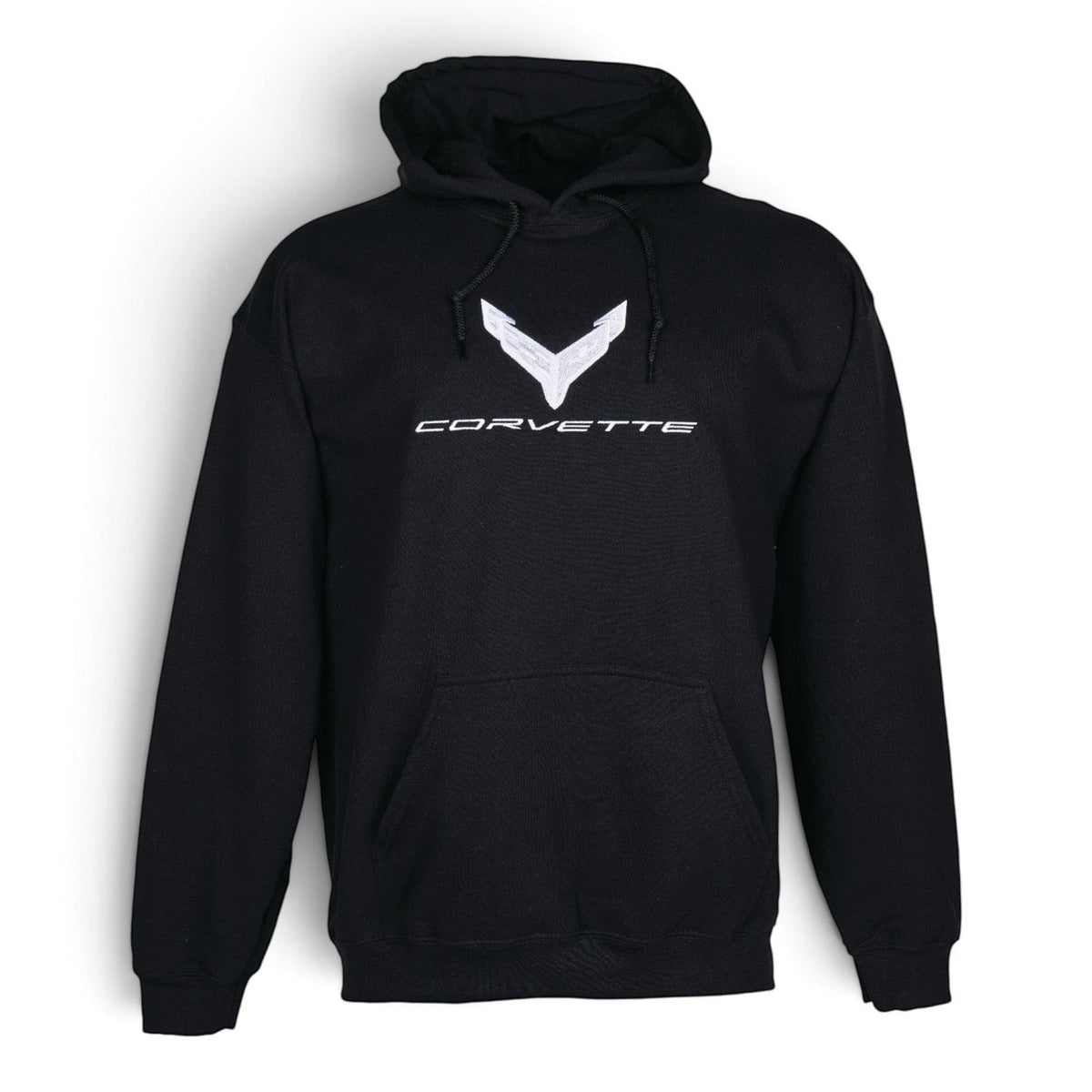T-Top Vibes black pullover hoodie featuring a large silver embroidered Corvette C8 emblem on the chest