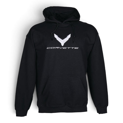 T-Top Vibes black pullover hoodie featuring a large silver embroidered Corvette C8 emblem on the chest