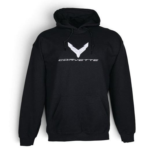 T-Top Vibes black pullover hoodie featuring a large silver embroidered Corvette C8 emblem on the chest